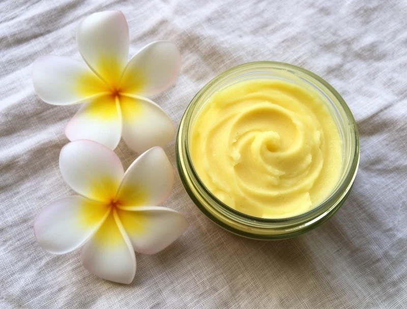 Frangipani body butter dalam proses pencampuran